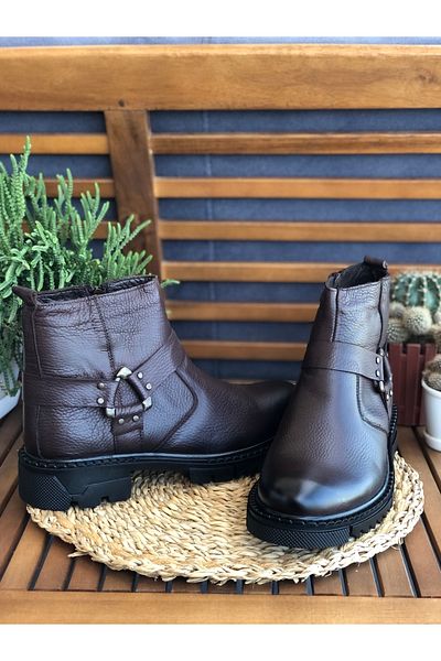 Skoonpa Genuine Leather Furry Zippered Brown Men's Boots