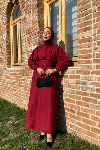 Ceylan Otantik Βραδινό φόρεμα Claret Red Jacquard
