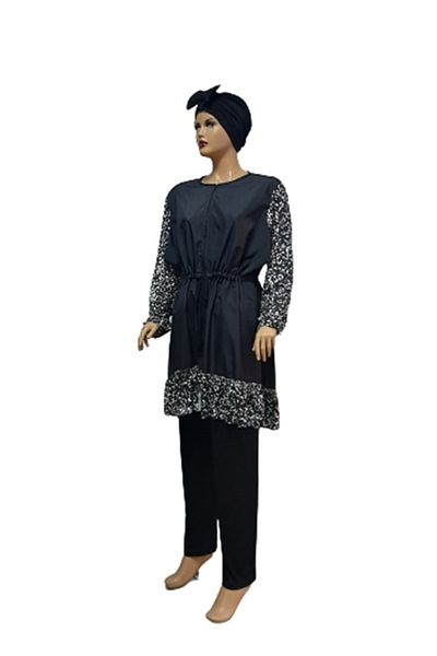 eflin Women's Clothing Black-white Leopard Ruffle Full Covered Hijab Swimsuit Including Bonnet