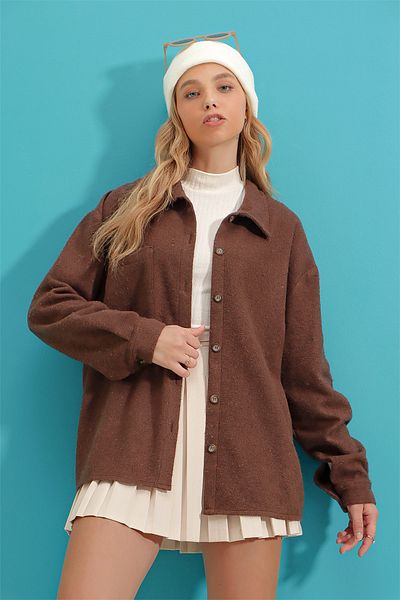 Trend Alaçatı Stili Women's Brown Single Pocket Oversize Stamp Shirt ALC-X7264
