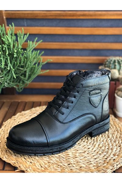 Skoonpa Black Men's Boots - Genuine Leather, Fur Inside and Zipper