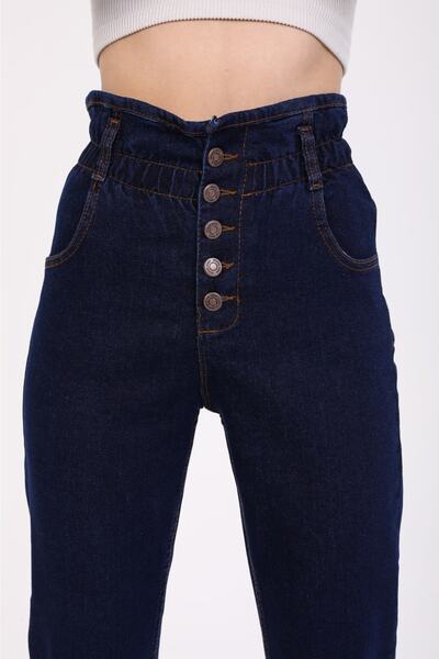 SHEVEGA Navy Blue High Waist Lycra Belt Gathered Button Detailed Mom Jean Jeans