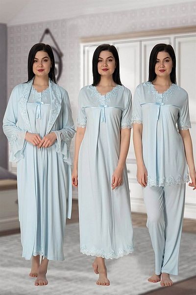 by İGP Women's Blue Pregnant Maternity Dressing Gown Nightgown Pajamas Set of 4