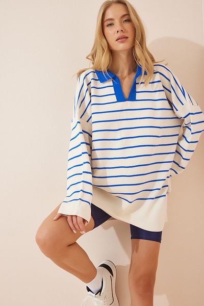 Happiness İstanbul Tricotaj oversize cu guler polo alb albastru pentru femei YY00086