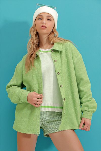 Trend Alaçatı Stili Women's Apple Green Single Pocket Oversize Eyebrow Shirt ALC-X7264