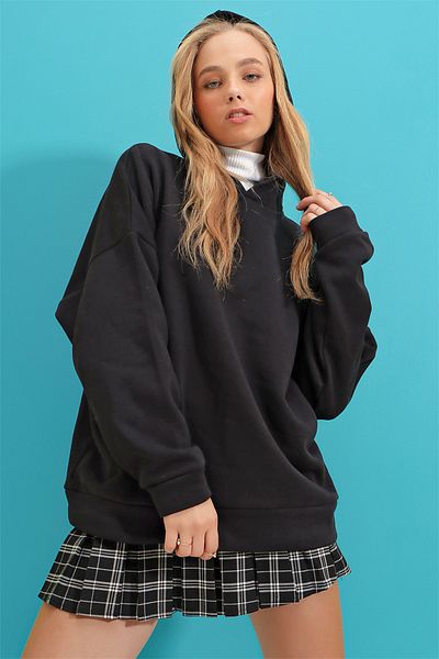 Trend Alaçatı Stili Dámská černá mikina oversize s kapucí, tlusté boky, velikost 3 vlákna s vyvýšenou nití ALC-531-025