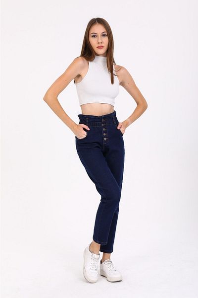 SHEVEGA Μπλε Navy ψηλόμεση ζώνη Lycra με κουμπιά με λεπτομέρεια Mom Jean Jeans