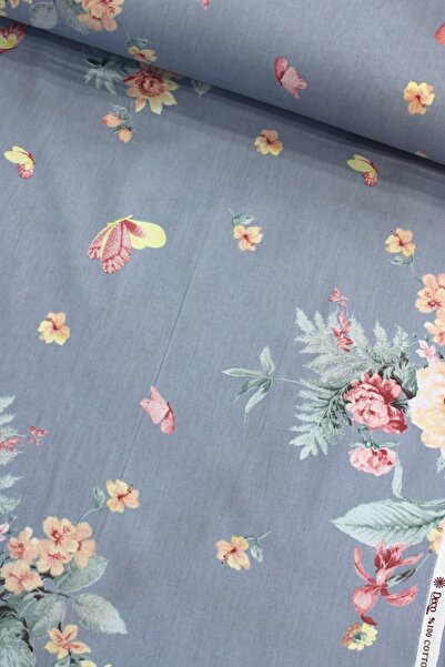 DECO Mavi Pembe Çiçekler Nevresimlik Poplin Kumaş