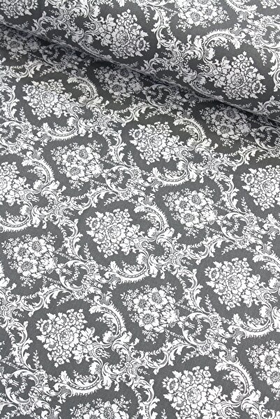 daisy star Gri Zemin Beyaz Damask Desen Nevresimlik Poplin Kumaş