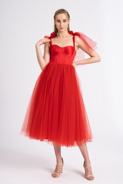 Lenta Moda Women's Red Midi Length Tulle Evening Dress Ball Gown