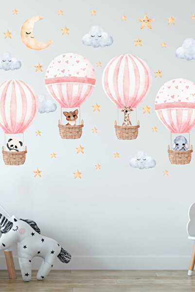 Sticker Ekspres Sevimli Hayvanlı Pembe Balonlar Çocuk Odası Duvar Sticker Seti