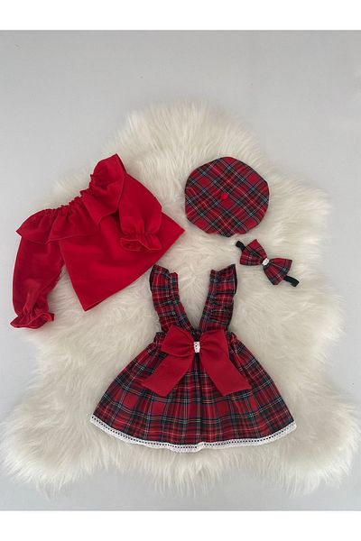 Moda Lina Plaid Salopet Hat Red Blouse Set