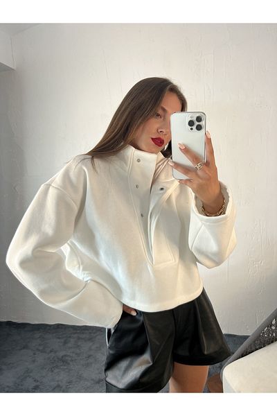 JaMolls Women's Snap Closure Oversize Crop Sweatshirt