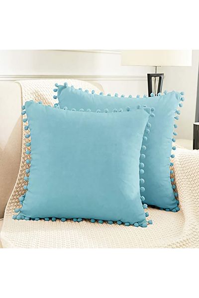Alkan Homes 2 Pieces of Turquoise Color Decorative Throw Pillow Cover with Pompom