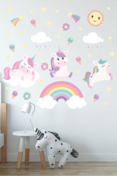 Sticker Ekspres Beyaz Bulutlu Soft Pembe Sevimli Unicorn Çocuk Odası Duvar St...