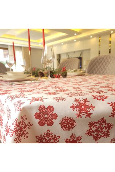 Konyaaltı Çeyizevi Yılbaşı Masa Örtüsü Dertsiz Masa Örtüsü Kar Taneli Yılbaşı Konsepti Beyaz Kırmızı Masa Örtüsü
