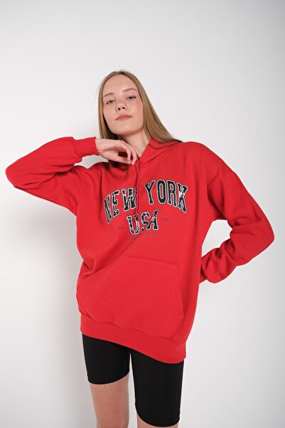 MODAGEN Női piros New York-i USA nyomott kapucnis oversize pulóver