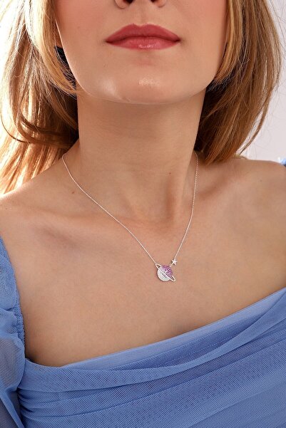 KAR DİAMOND 925 Ayar Gümüş Zincirli Zirkon Taşlı Kızıl Renkli Gezegen Kolye