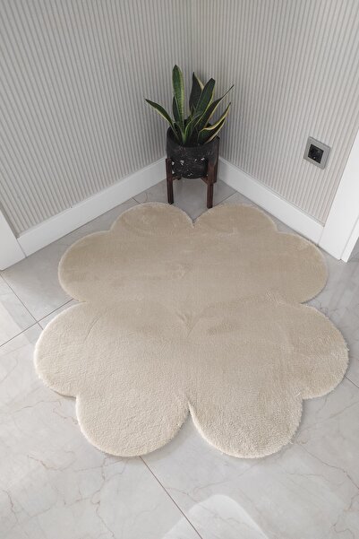 Lagom Life Bej Yonca Peluş Halı Dekoratif Lazer Kesim Peluş Halı Oda Halısı