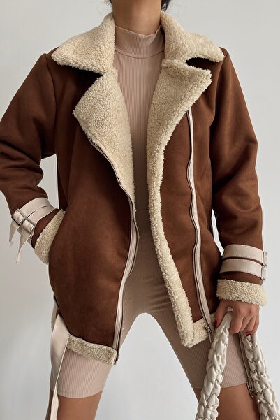 CIQULATA سترة من جلد الغزال بياقة فرو مربوطة