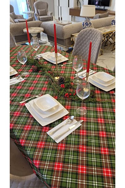 Konyaaltı Çeyizevi Masa Örtüsü Yılbaşı Ekose Desenli Yılbaşı Konsepti Masa Ör...