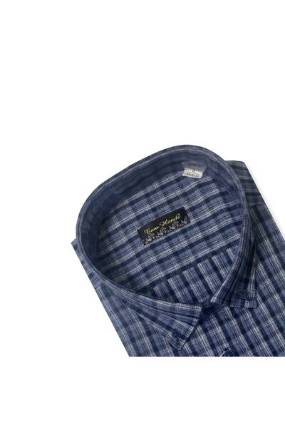 TWO HANDS Men's Classic Winter Plus Size Wool Plaid Checked Navy Blue Shirt 3152