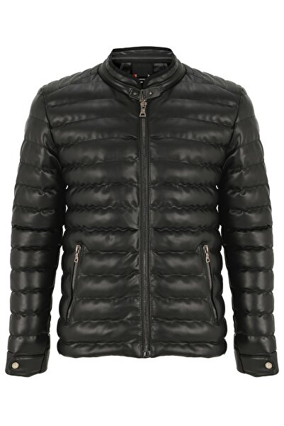 Oliggopol Ανδρικό αδιάβροχο δερμάτινο μπουφάν και παλτό σε μαύρο Slim Fit με γούνα στο εσωτερικό