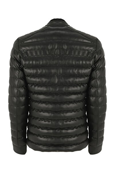 Oliggopol Ανδρικό αδιάβροχο δερμάτινο μπουφάν και παλτό σε μαύρο Slim Fit με γούνα στο εσωτερικό