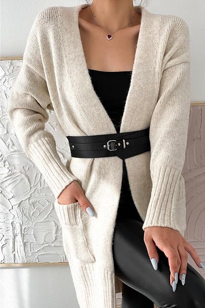 FEMELLE Cardigan de damă de culoare crem, lung, cu buzunar dublu, mărime standard
