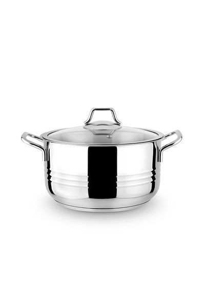 Lines Metal Handle Glass Lid Deep Steel Pot 18 cm