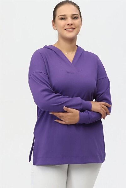 Seamoda Large Size Comfortable 4 Season Camisole Sweatshirt with Slit Detail-purple