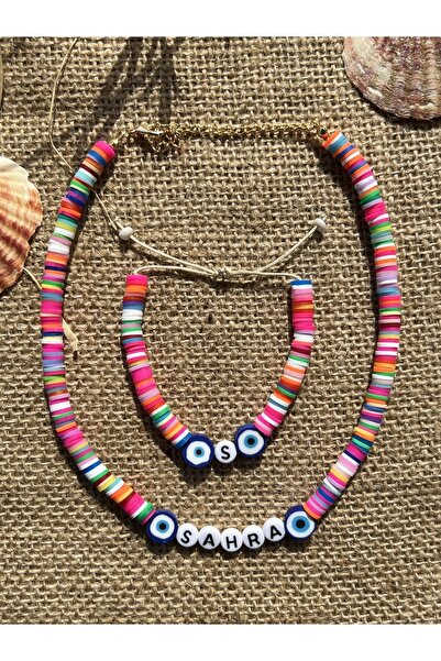 Karlay Çocuk Isimli Karışık Renkli Nazar Boncuk Kolye Bileklik Seti