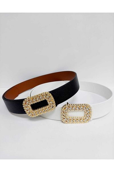 Kemerix Women's Black-white 2-Piece Belt with Stone Gold Buckle