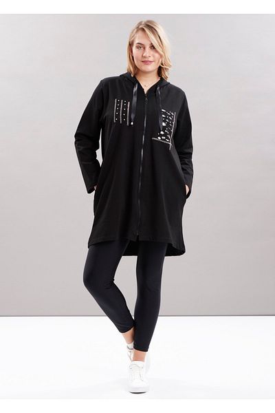EVEN plus size Black Hooded Zippered Large Size Sweatshirt