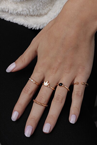 Sortie Aksesuar Siyah Taş Ve Kraliçe Tacı Figürlü Kombin Yüzük Seti 008