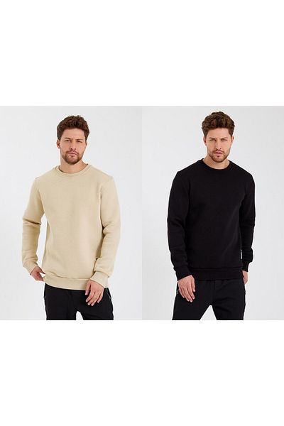 CLIPMAN Hanorac pentru bărbați, slim fit, cu gât turnut, pachet de 2, uni, neimprimate, cu 3 fire, negru bej