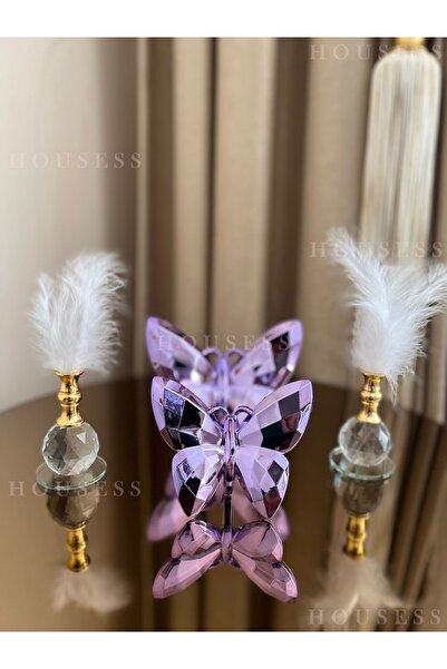 Housess Dekoratif Mor Kelebek Ve 2 Adet Gold Tüylük Biblo Süs