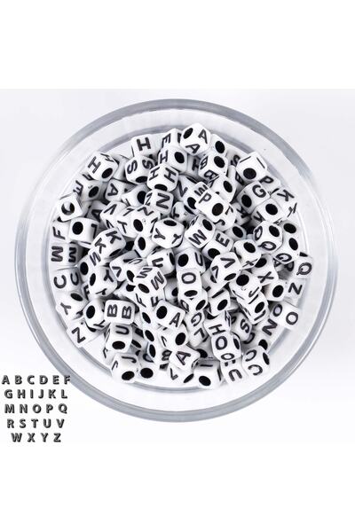 yfhobi 25 Gram - 6 Mm Küp Harf Boncuk, Beyaz Üzeri Siyah Harf Boncuk 1. Kalit...