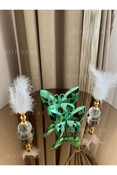 Housess Dekoratif Yeşil Kelebek Ve 2 Adet Gold Tüylük Biblo Süs