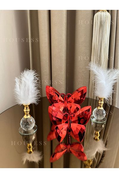 Housess Decorative Red Butterfly and 2 Gold Feather Holder Trinket Ornament