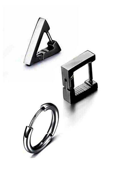 TREND COLLECTİON Set of 3 Earrings, Black Triangle, Square, Circle, Surgical ...