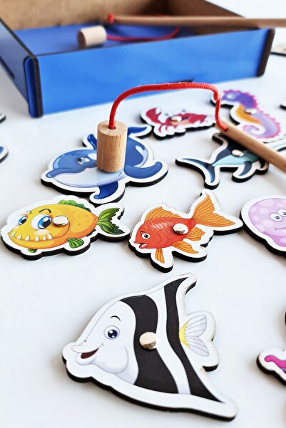 metafortoys 39 Parça 2 Oltalı Ahşap Manyetik Balık Tutma & Eşleştirme Oyun Seti