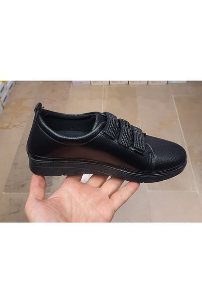 BRGL Pantofi de damă, anti-alunecare, impermeabili, ortopedici, cu piele neagră, cu elastic