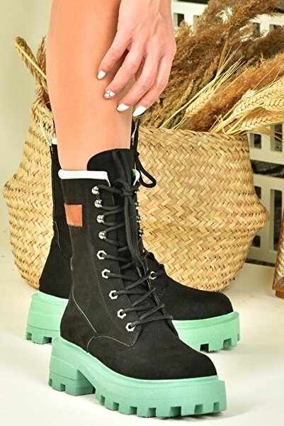 MEVESE Antigro Kadın Siyah Yeşil Süet Bağcıklı Spor Postal