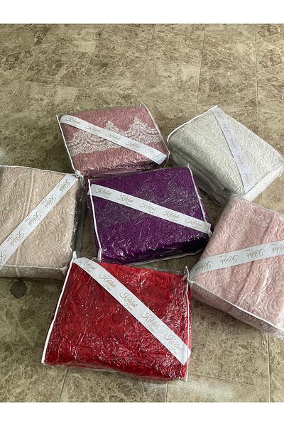 Kelebek Double Lace Blanket Bed Cover Set Light Brown in Zippered Bag