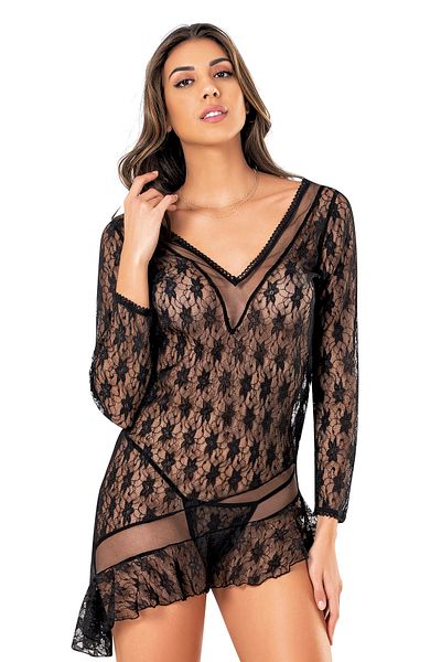 Siyah İnci Black Lace Nightgown Set with Thong Laundry