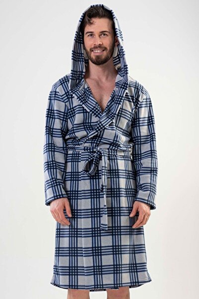 VİENETTA Men's Fleece Hooded Gray Dressing Gown201017-0282