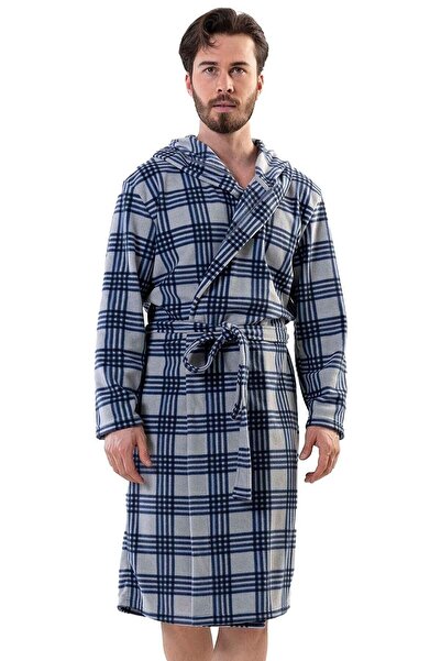 VİENETTA Men's Fleece Hooded Gray Dressing Gown201017-0282