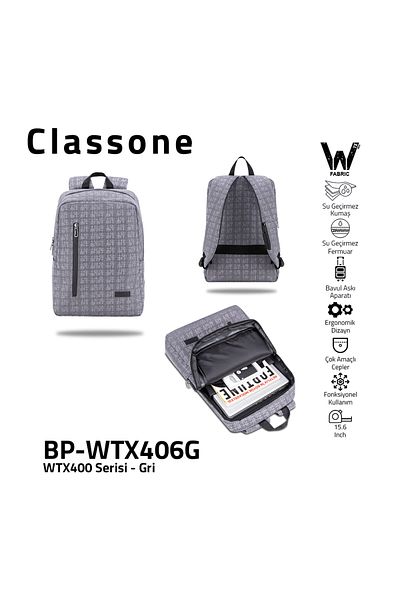 Classone BP-WTX406G 15.6 بوصة قماش مقاوم للماء، سحاب مقاوم للماء، دفتر ملاحظات، حقيبة كمبيوتر محمول - رمادي