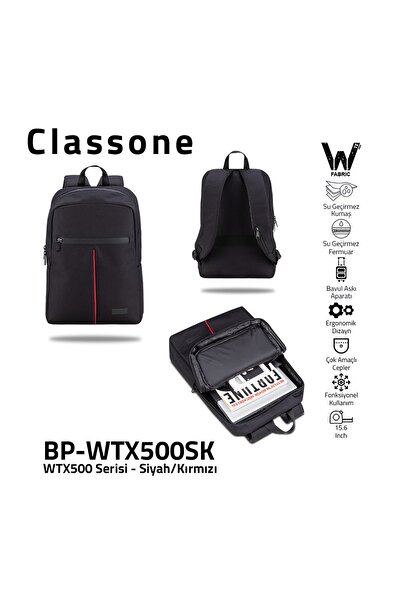 Classone Bp-wtx500sk 15,6" Su Geçirmez Kumaş Ve Fermuar ,notebook, Laptop Çantası-siyah Kırmızı
